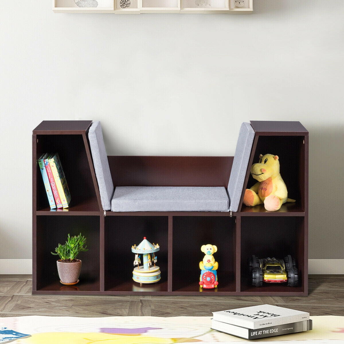 6-Cubby Kid Storage Bookcase Cushioned Reading Nook-Brown Kids Crystal