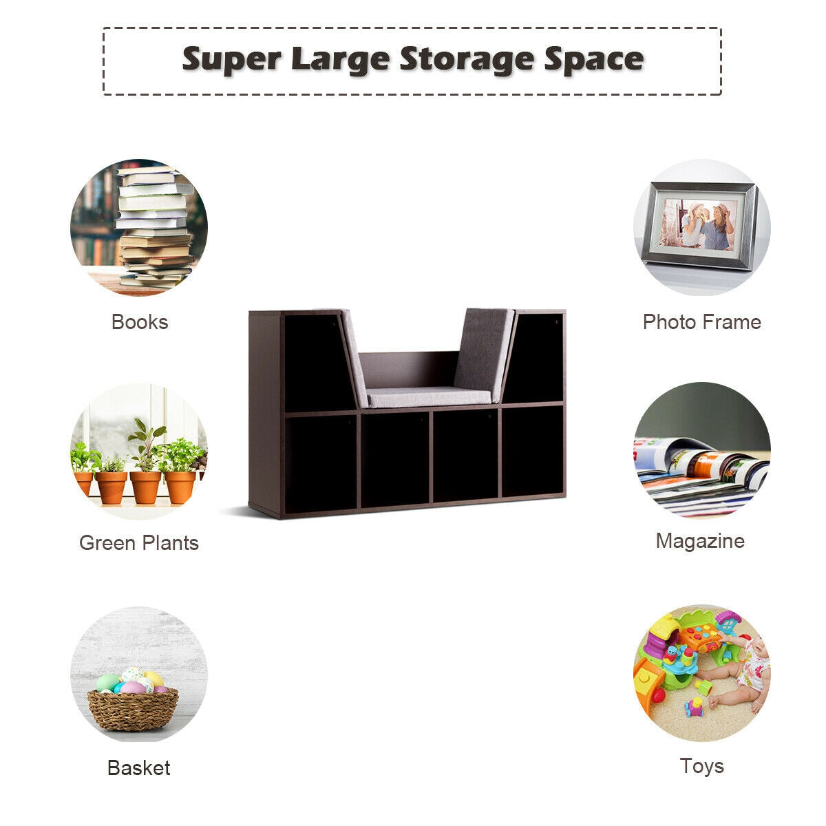 6-Cubby Kid Storage Bookcase Cushioned Reading Nook-Brown Kids Crystal