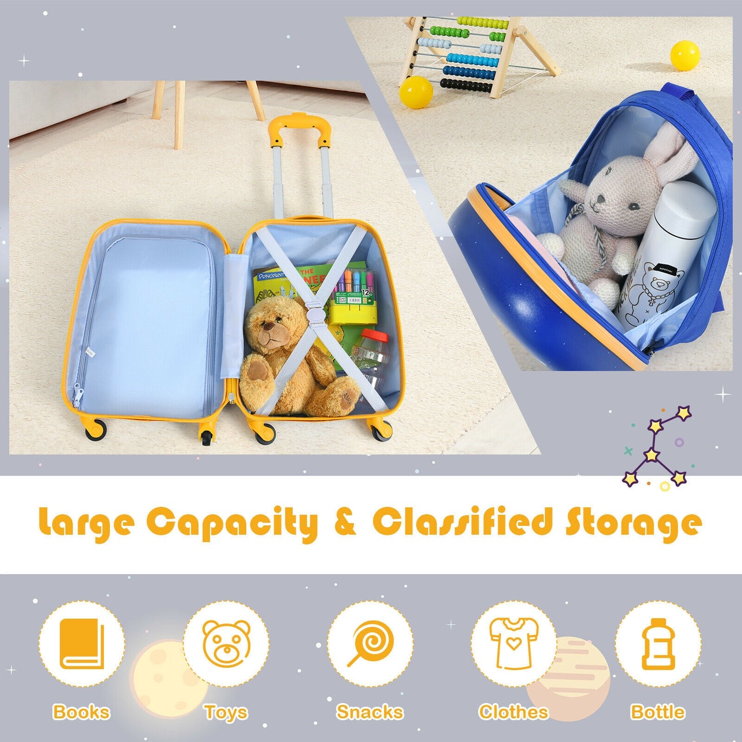 2 Pieces Kids Lightweight Luggage Set with Backpack and Suitcase for Travel Kids Crystal