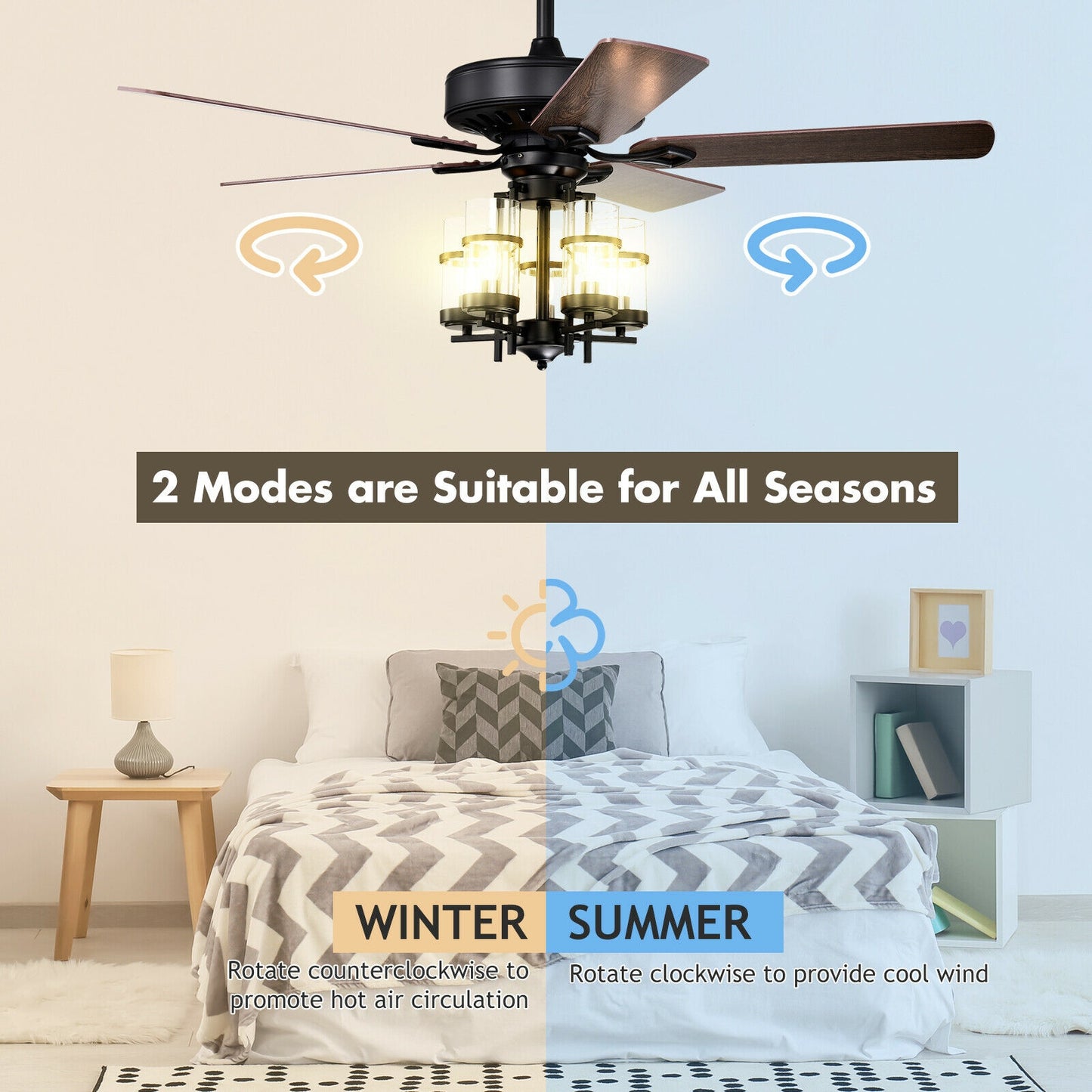 50 Inch Noiseless Ceiling Fan Light with Explosion-proof Glass Lampshades-Black Kids Crystal