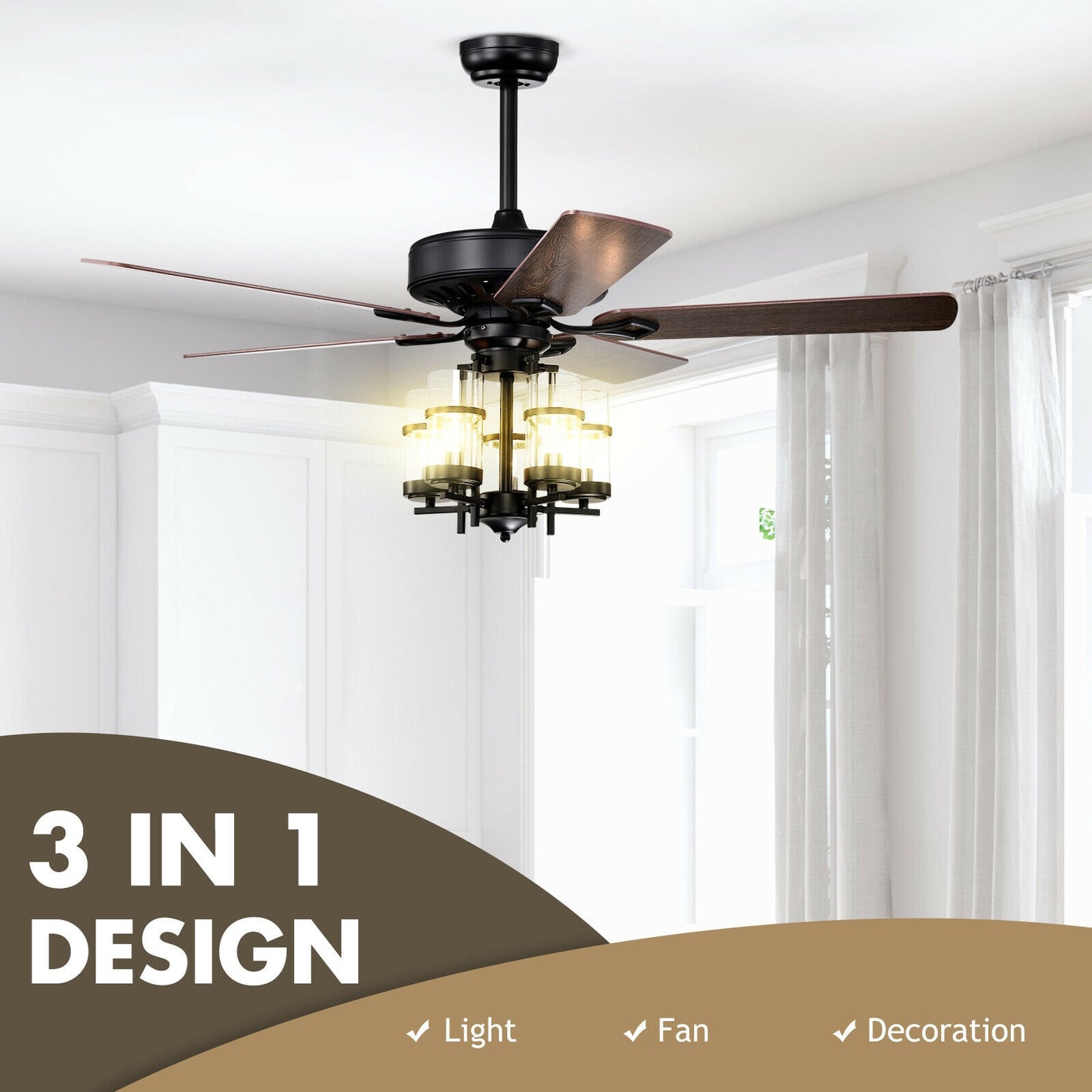 50 Inch Noiseless Ceiling Fan Light with Explosion-proof Glass Lampshades-Black Kids Crystal