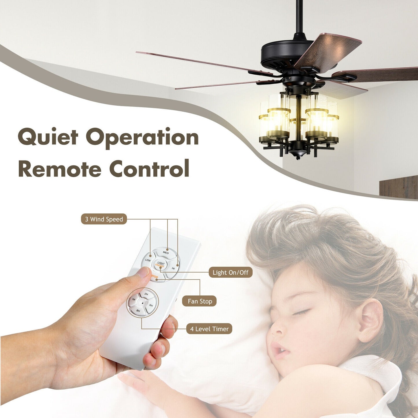 50 Inch Noiseless Ceiling Fan Light with Explosion-proof Glass Lampshades-Black Kids Crystal