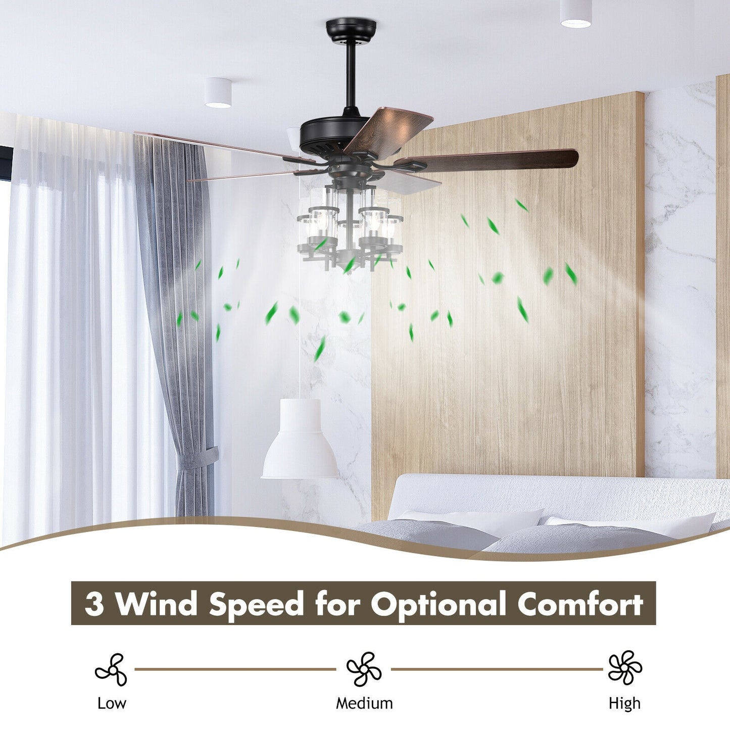 50 Inch Noiseless Ceiling Fan Light with Explosion-proof Glass Lampshades-Black Kids Crystal