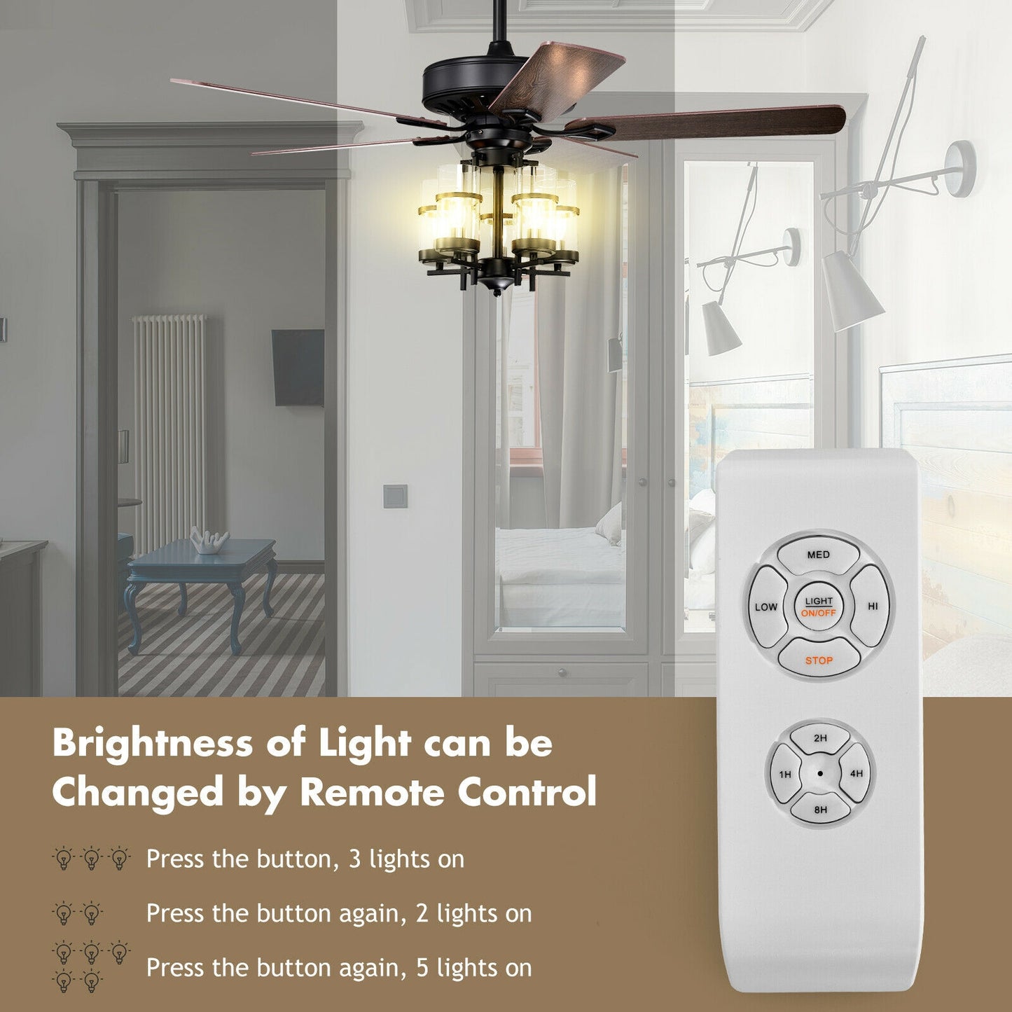 50 Inch Noiseless Ceiling Fan Light with Explosion-proof Glass Lampshades-Black Kids Crystal