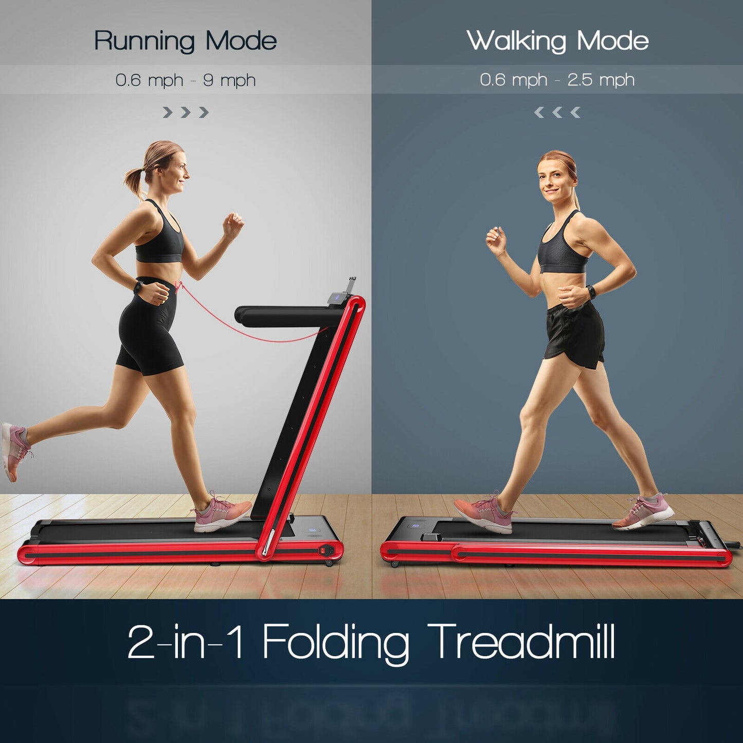 2-in-1 Folding Treadmill 2.25HP Jogging Machine with Dual LED Display-Red Kids Crystal