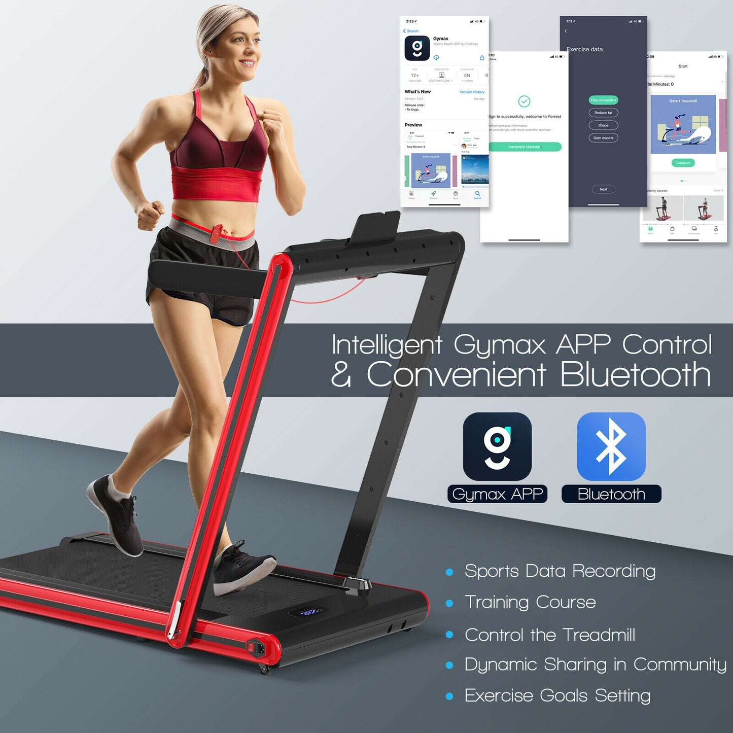 2-in-1 Folding Treadmill 2.25HP Jogging Machine with Dual LED Display-Red Kids Crystal