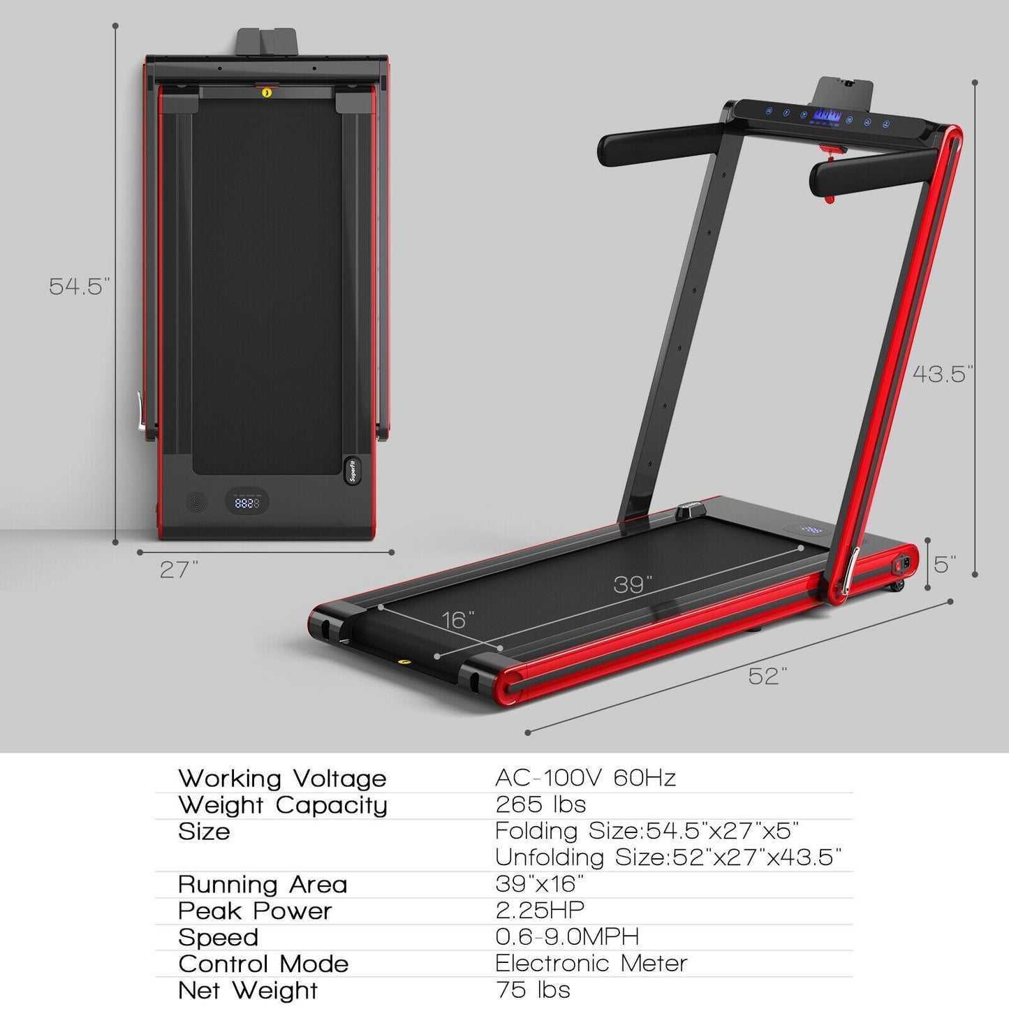 2-in-1 Folding Treadmill 2.25HP Jogging Machine with Dual LED Display-Red Kids Crystal
