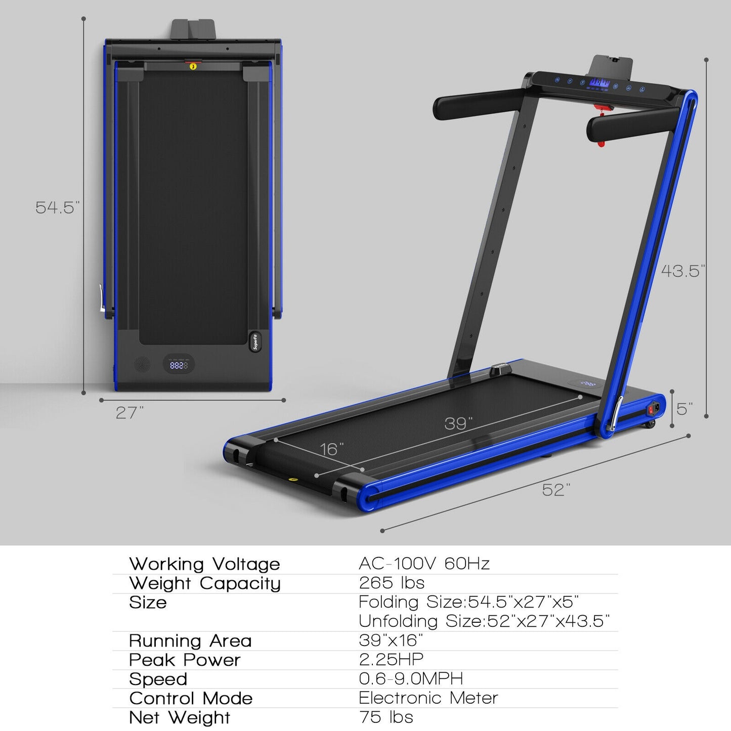 2-in-1 Folding Treadmill 2.25HP Jogging Machine with Dual LED Display-Navy Kids Crystal