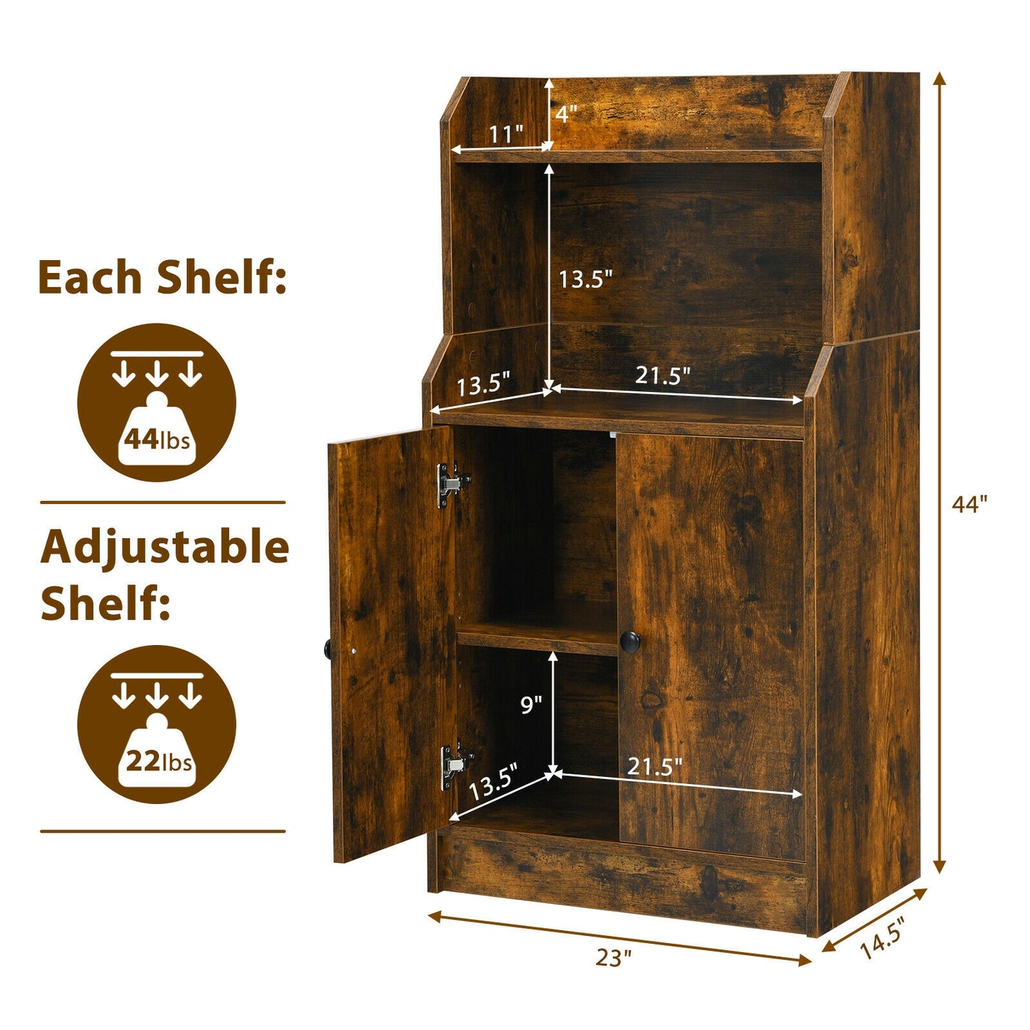 Storage Cabinet Bookcase with Doors and Display Shelf-Rustic Brown Kids Crystal