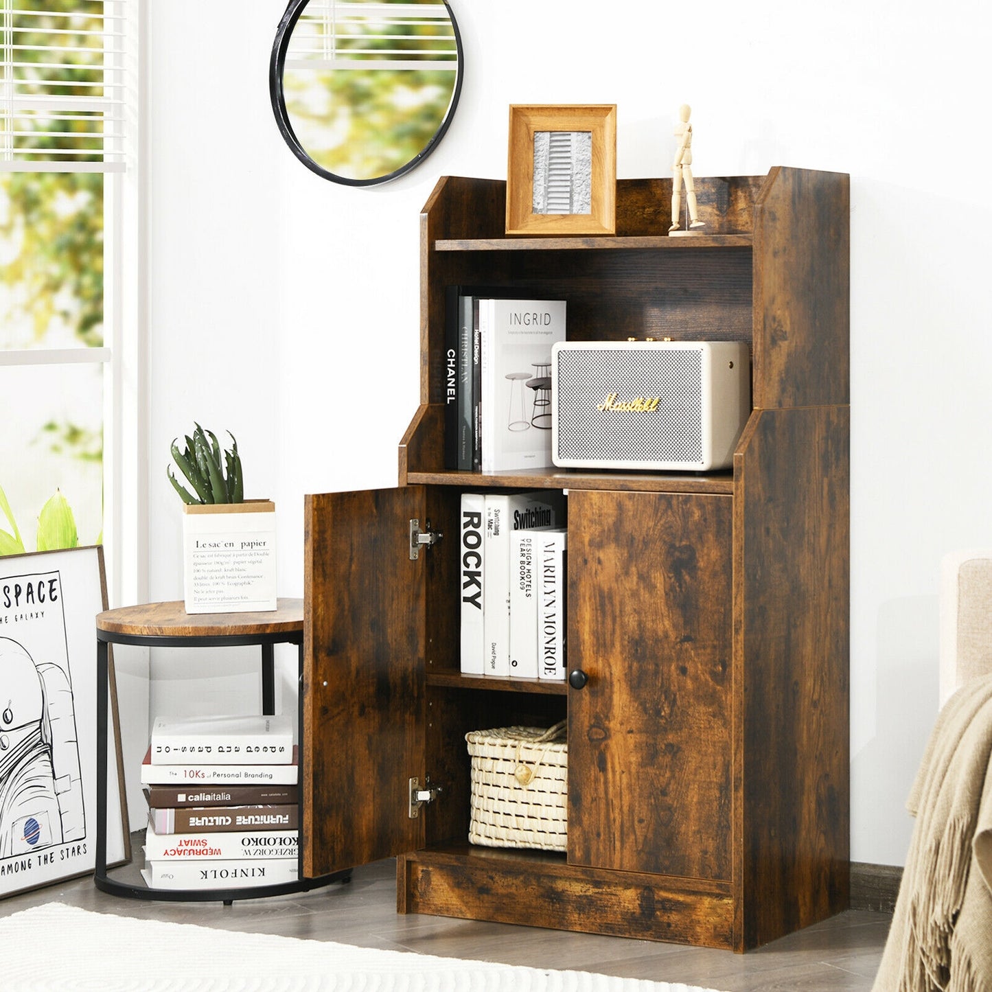Storage Cabinet Bookcase with Doors and Display Shelf-Rustic Brown Kids Crystal