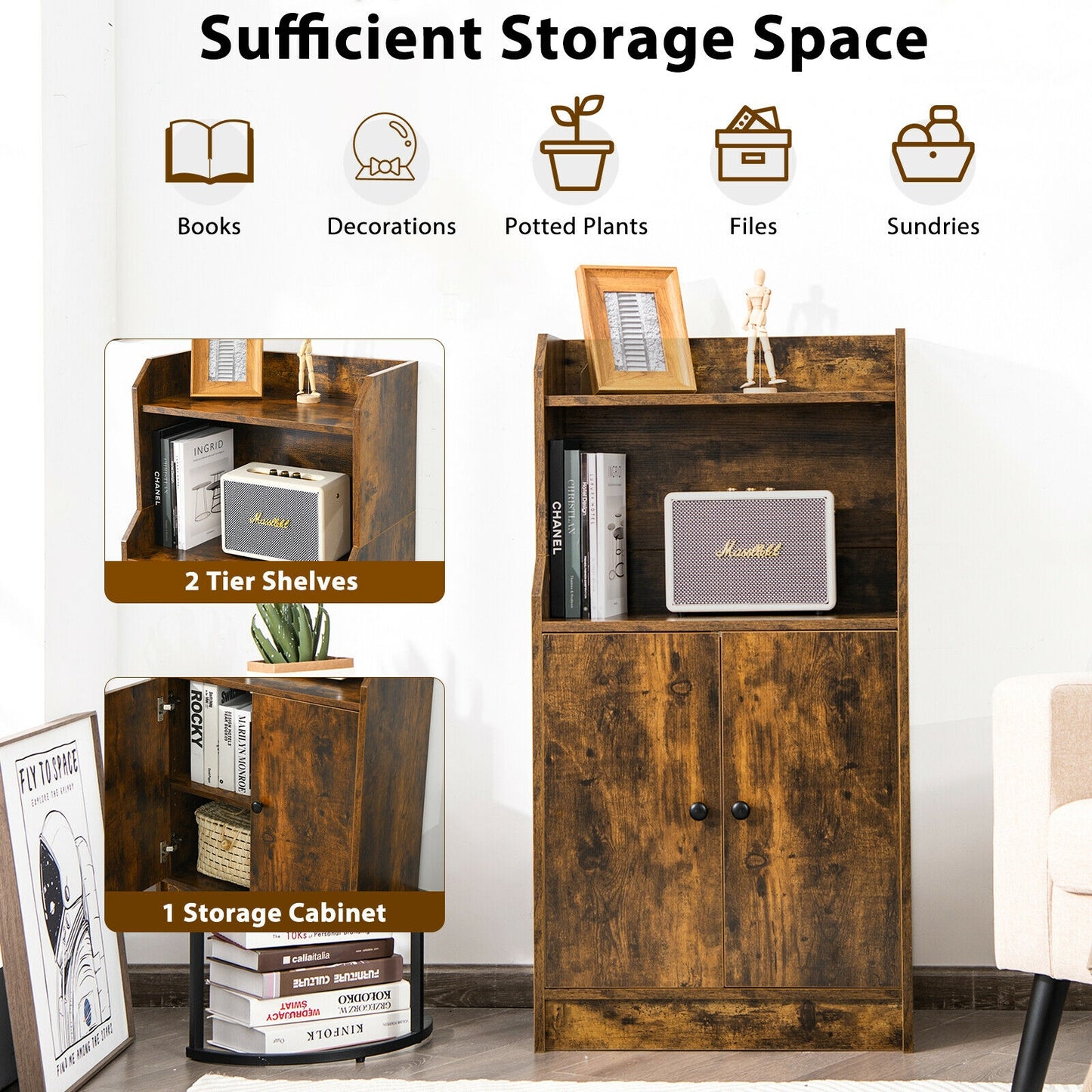 Storage Cabinet Bookcase with Doors and Display Shelf-Rustic Brown Kids Crystal