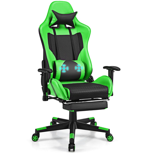 PU Leather Gaming Chair with USB Massage Lumbar Pillow and Footrest -Green Kids Crystal