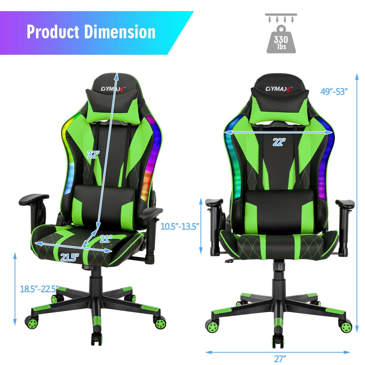 Gaming Chair Adjustable Swivel Computer Chair with Dynamic LED Lights-Green Kids Crystal