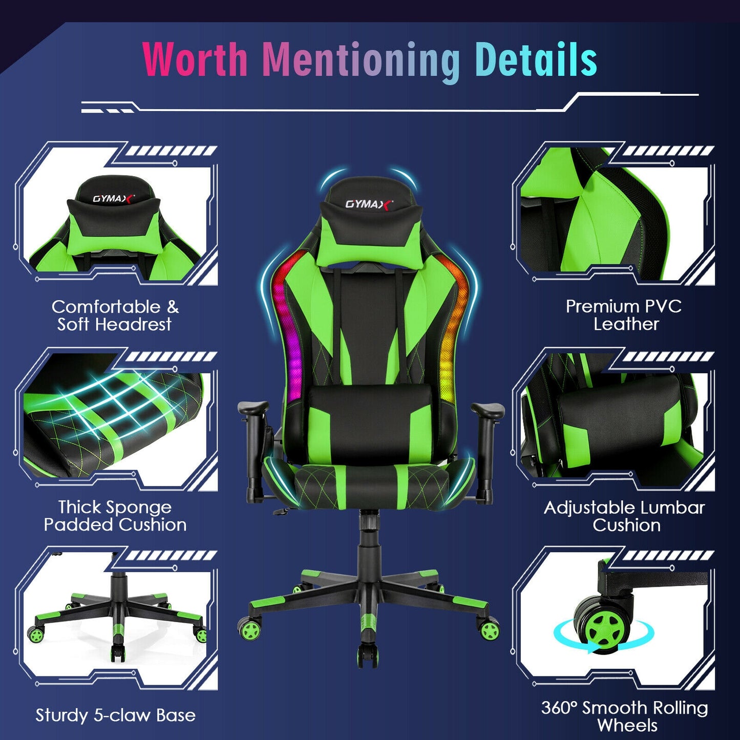 Gaming Chair Adjustable Swivel Computer Chair with Dynamic LED Lights-Green Kids Crystal