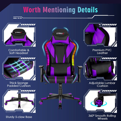 Gaming Chair Adjustable Swivel Computer Chair with Dynamic LED Lights-Purple