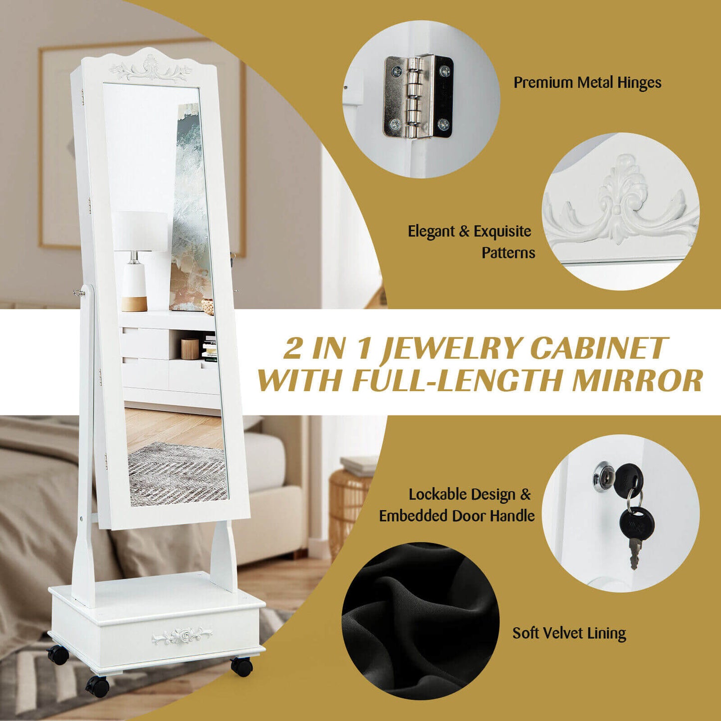 Rolling Floor Standing Mirrored Jewelry Armoire with Lock and Drawers-White Kids Crystal