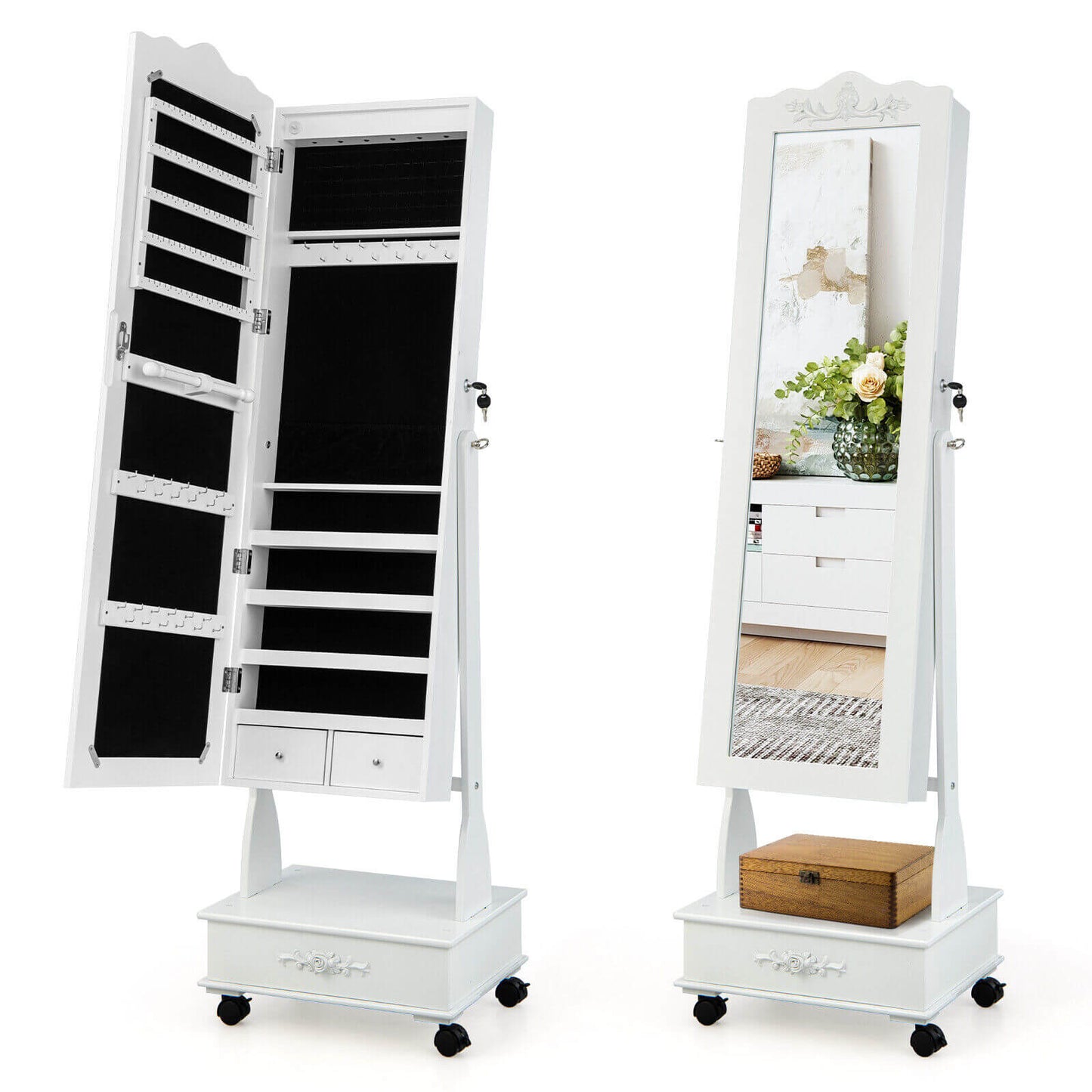 Rolling Floor Standing Mirrored Jewelry Armoire with Lock and Drawers-White Kids Crystal