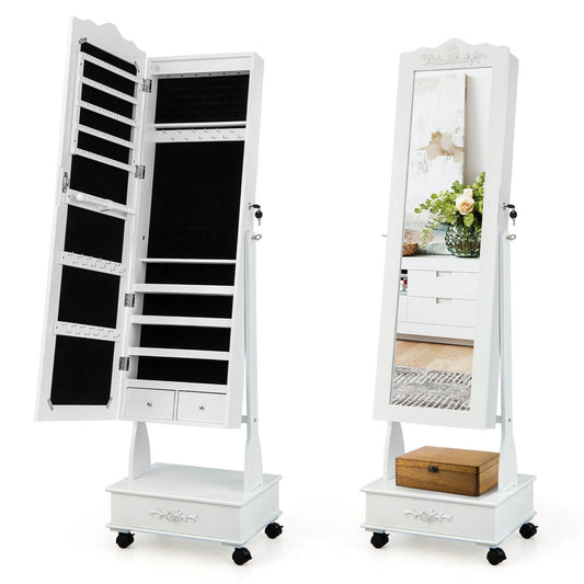 Rolling Floor Standing Mirrored Jewelry Armoire with Lock and Drawers-White Kids Crystal