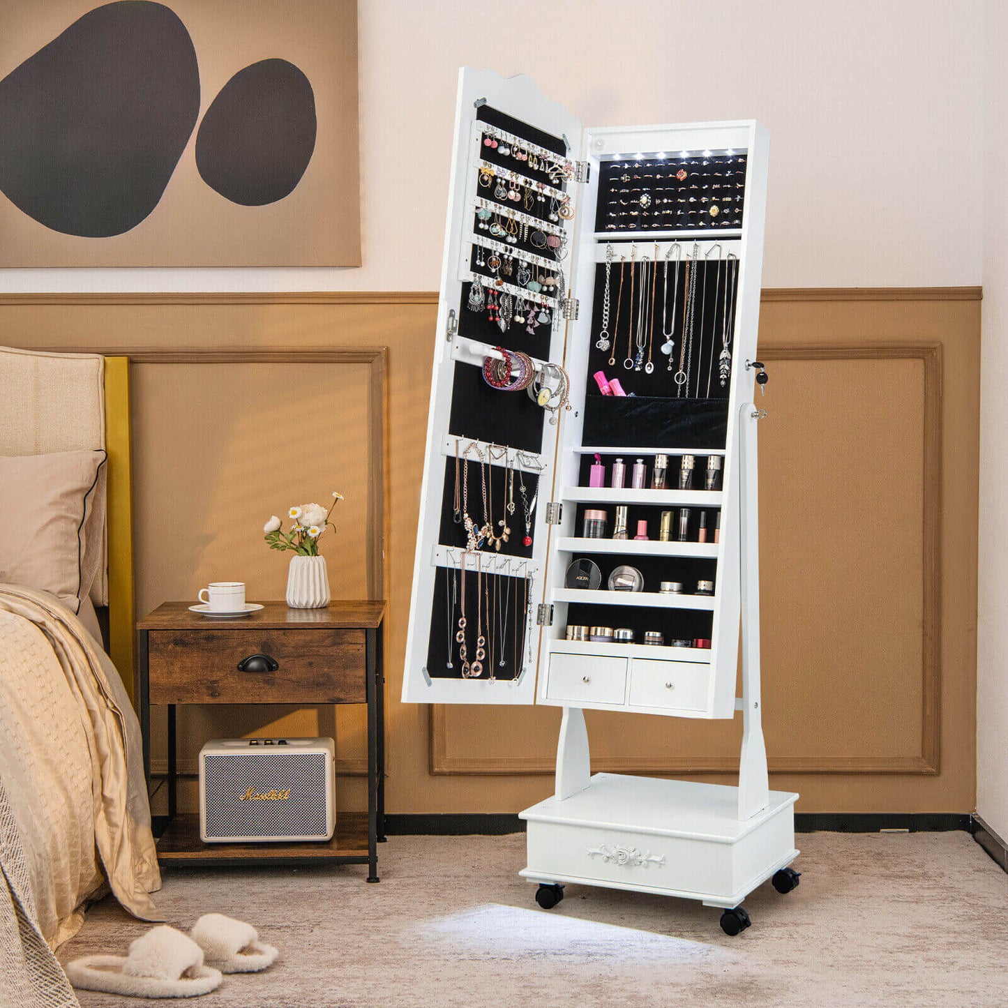 Rolling Floor Standing Mirrored Jewelry Armoire with Lock and Drawers-White Kids Crystal