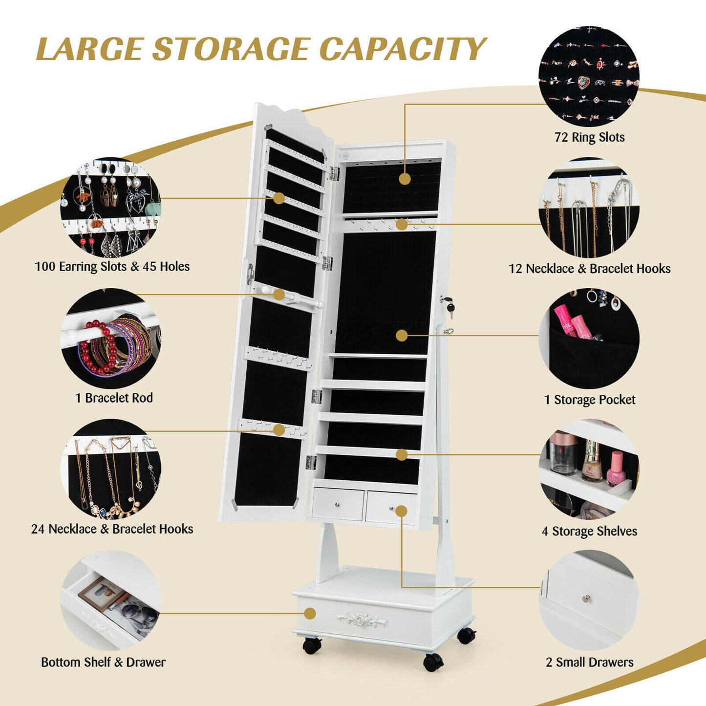 Rolling Floor Standing Mirrored Jewelry Armoire with Lock and Drawers-White Kids Crystal
