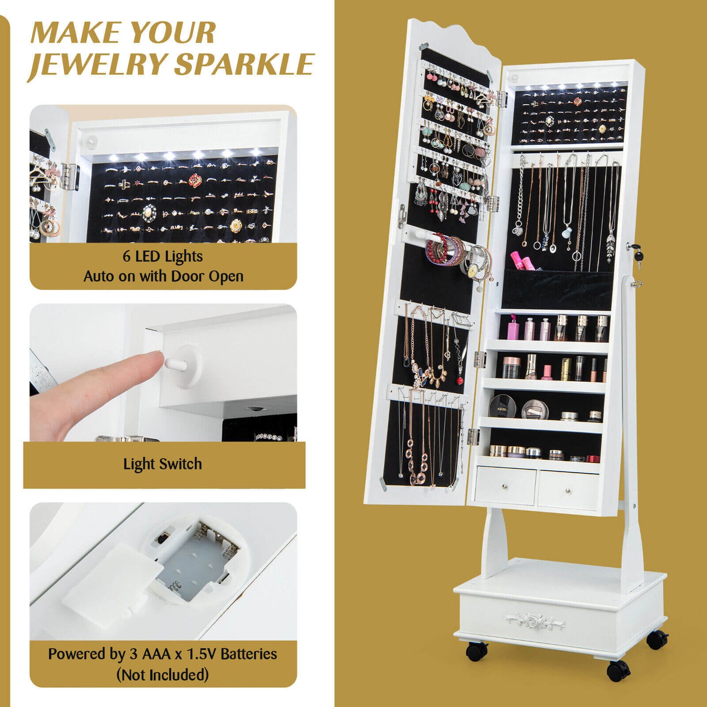 Rolling Floor Standing Mirrored Jewelry Armoire with Lock and Drawers-White Kids Crystal