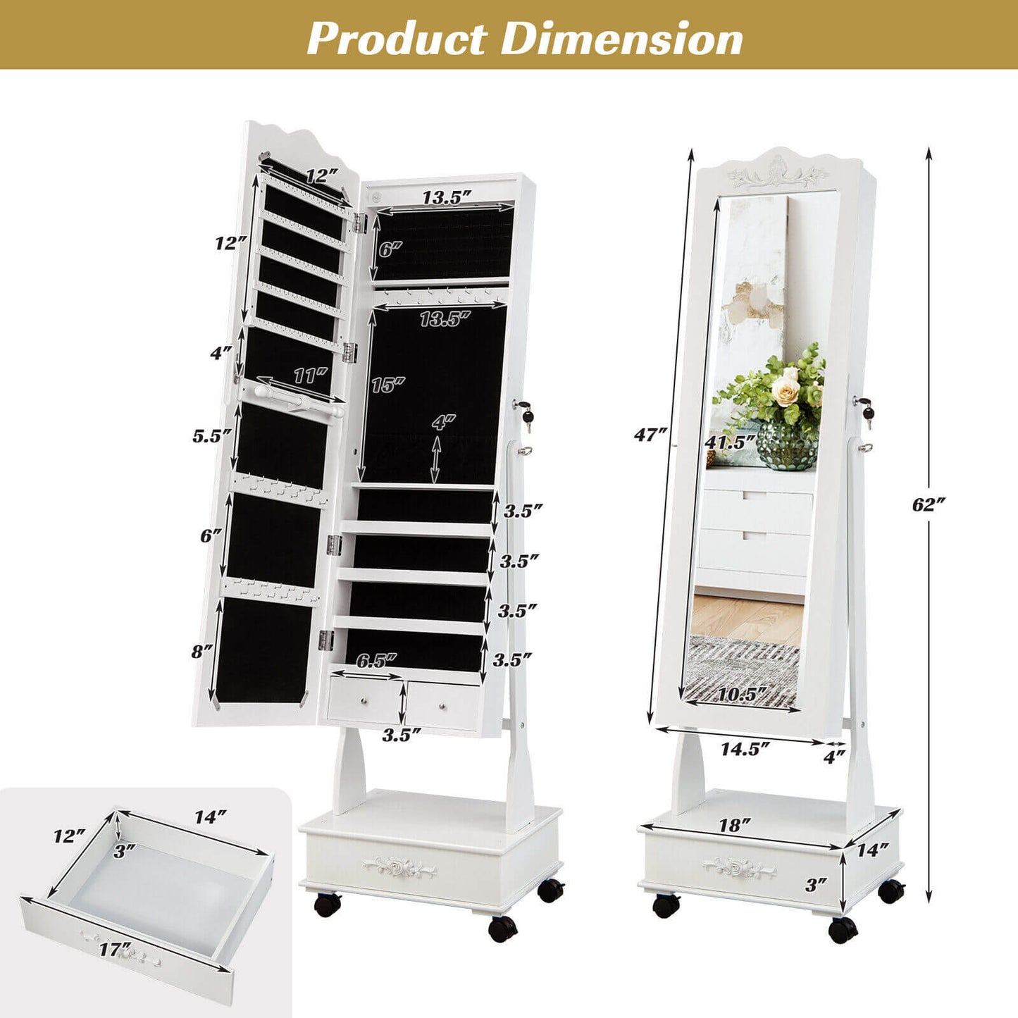 Rolling Floor Standing Mirrored Jewelry Armoire with Lock and Drawers-White Kids Crystal