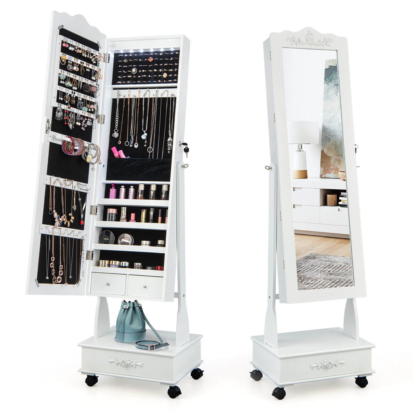 Rolling Floor Standing Mirrored Jewelry Armoire with Lock and Drawers-White Kids Crystal