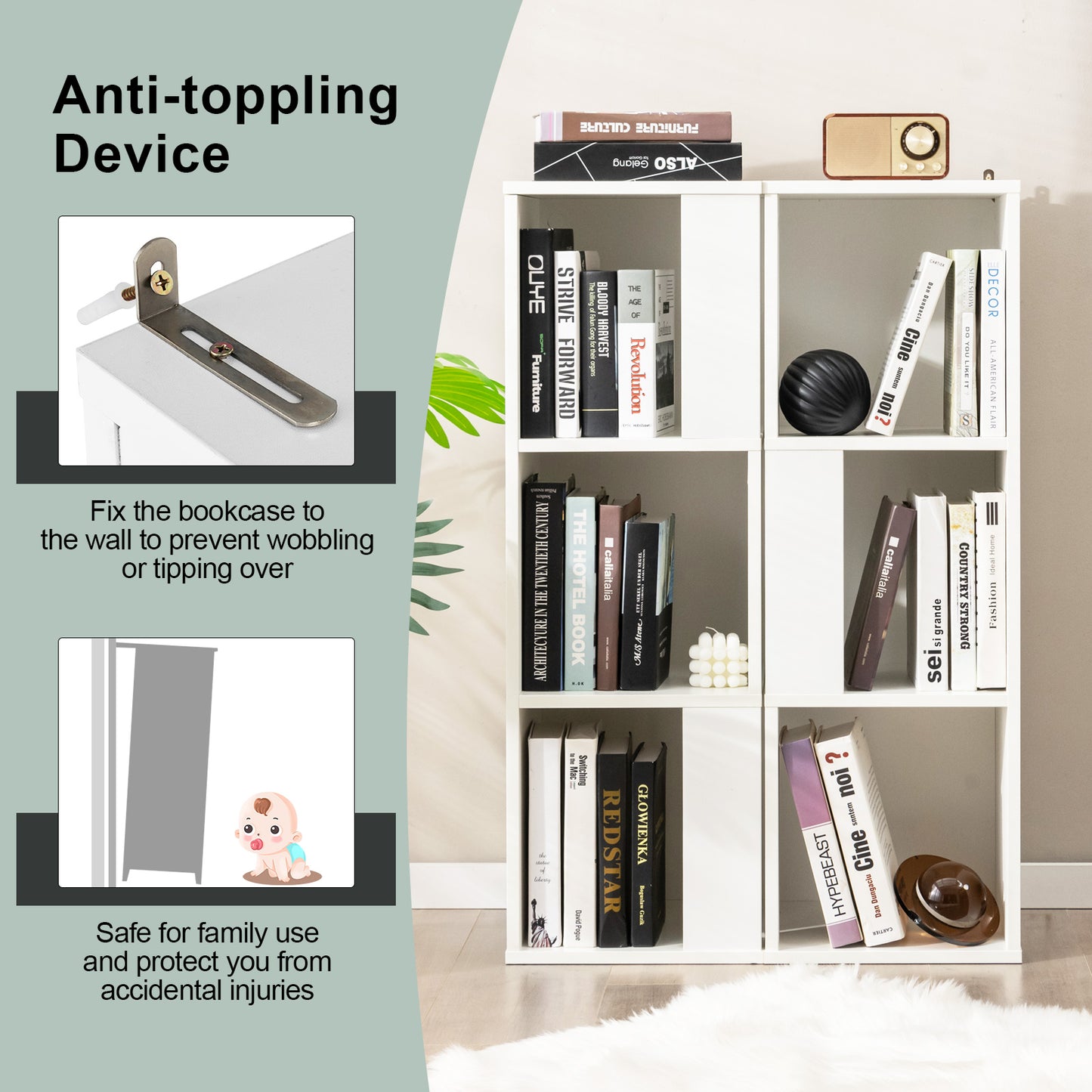 3-Tier 6 Cube Freestanding Bookcase with Anti-toppling Device-White Kids Crystal