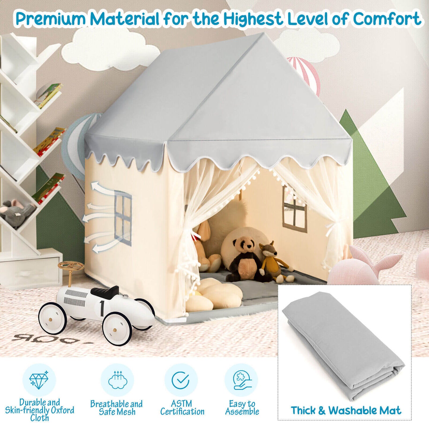 Kids Large Play Castle Fairy Tent with Mat-Beige Kids Crystal