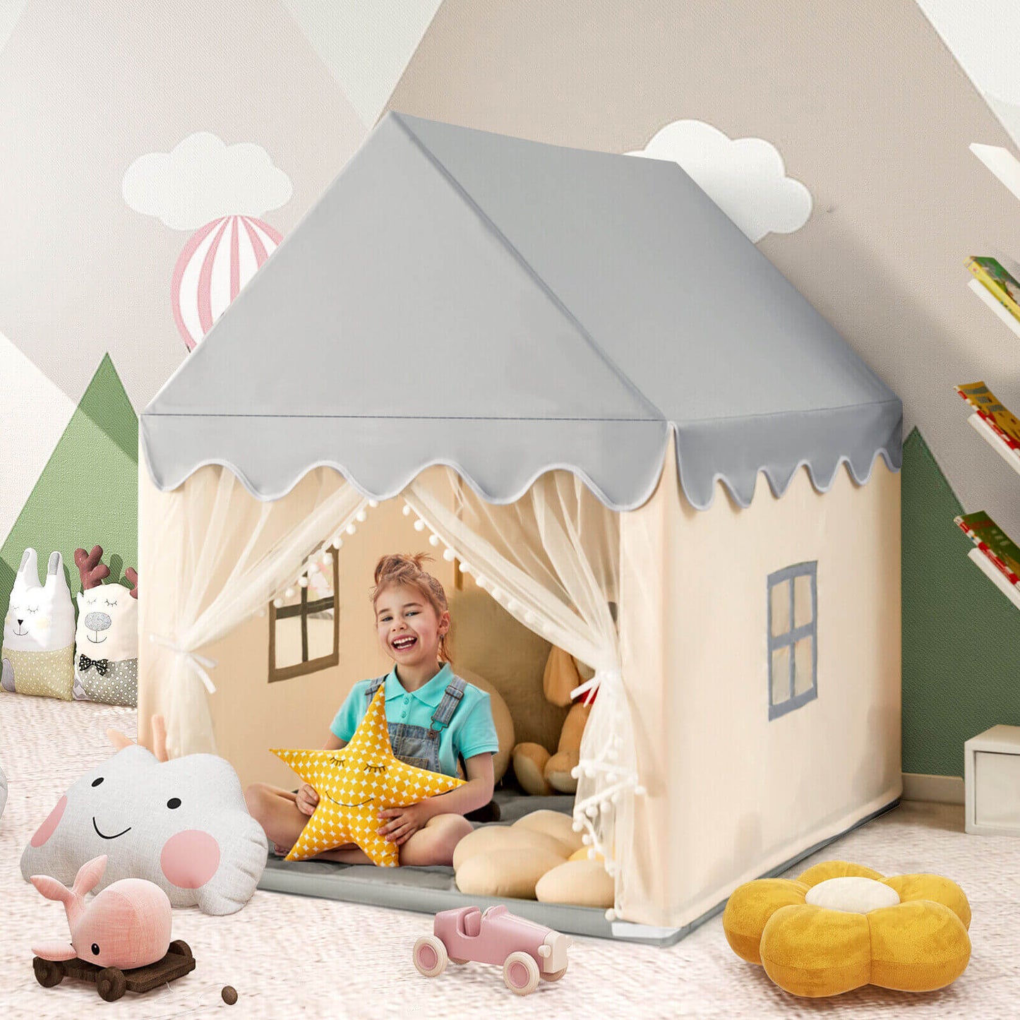 Kids Large Play Castle Fairy Tent with Mat-Beige Kids Crystal