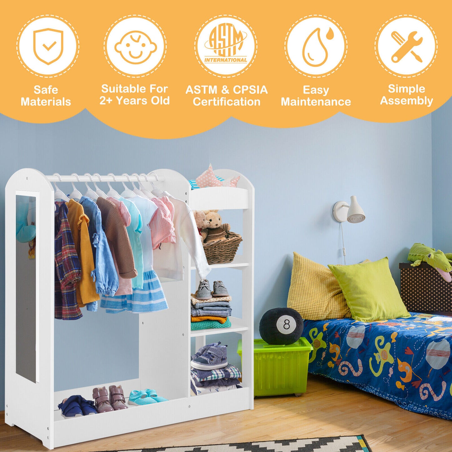Kids Dress Up Storage with Mirror-White Kids Crystal