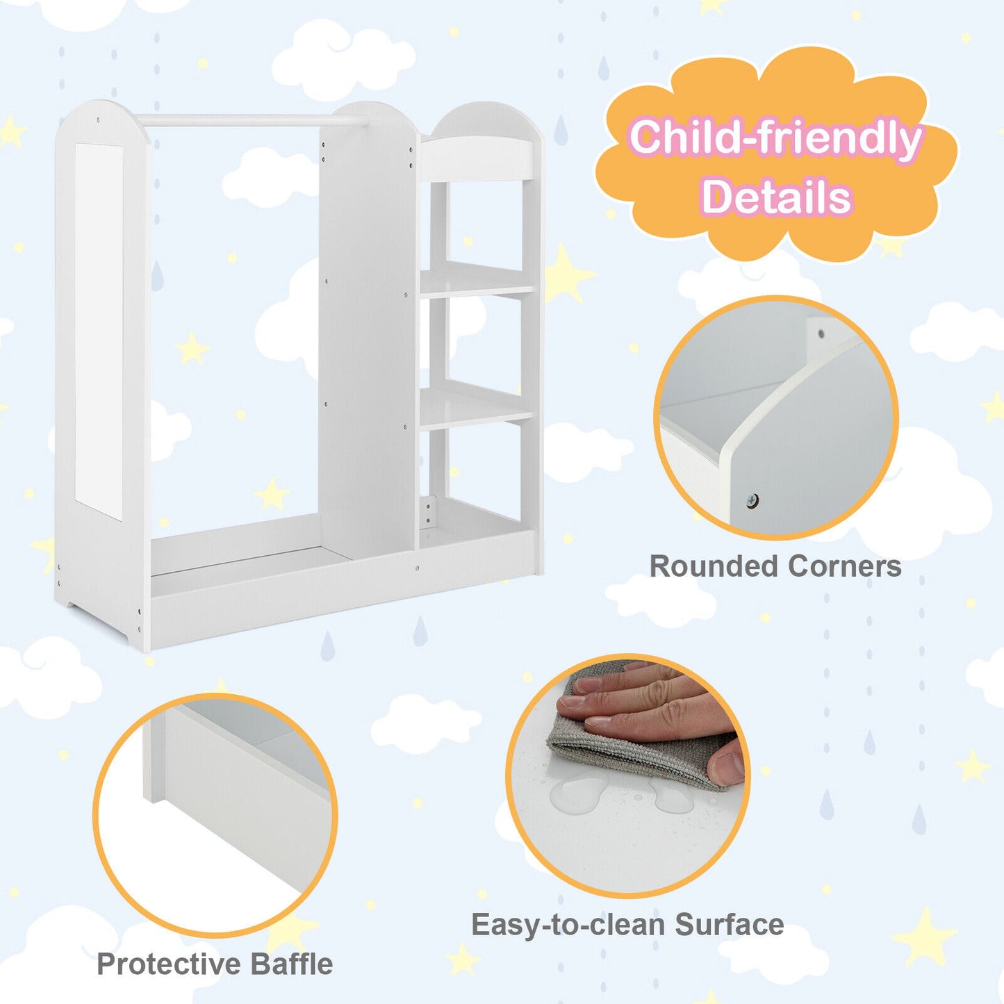 Kids Dress Up Storage with Mirror-White Kids Crystal