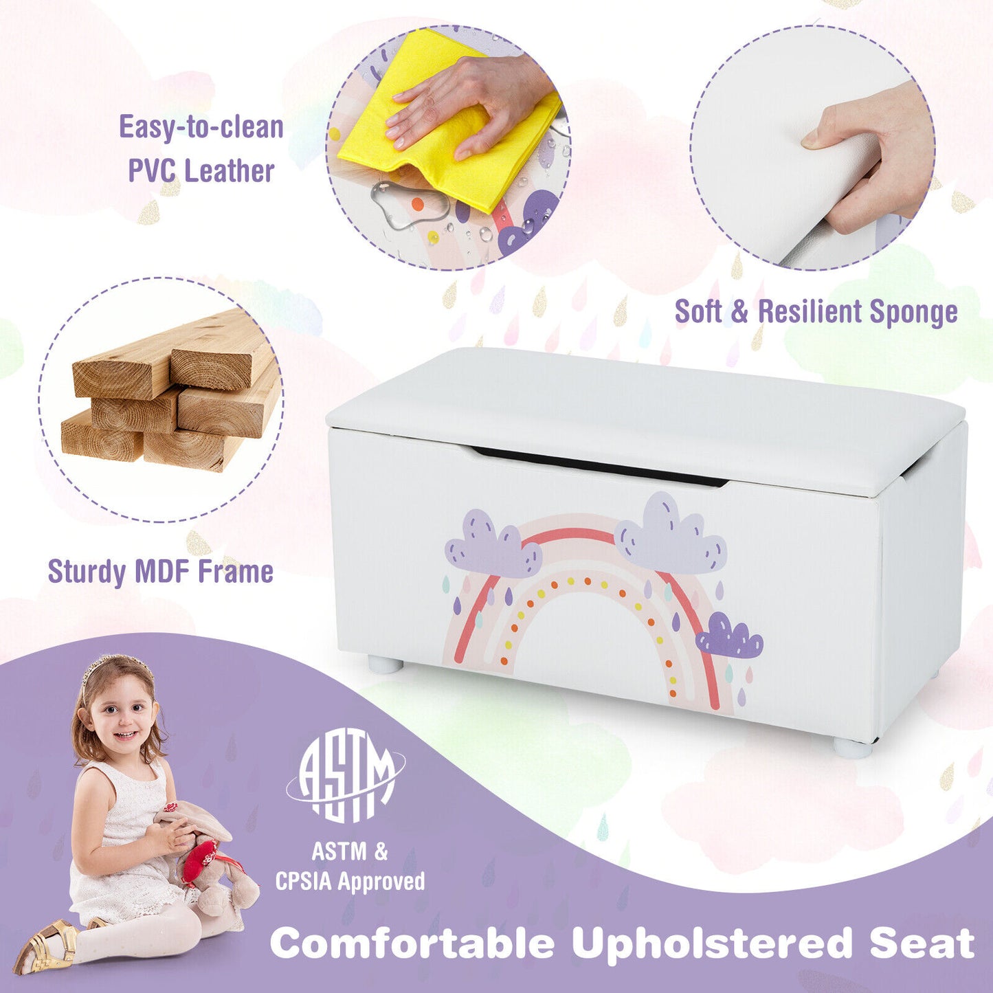 Kids Wooden Upholstered Toy Storage Box with Removable Lid-White Kids Crystal