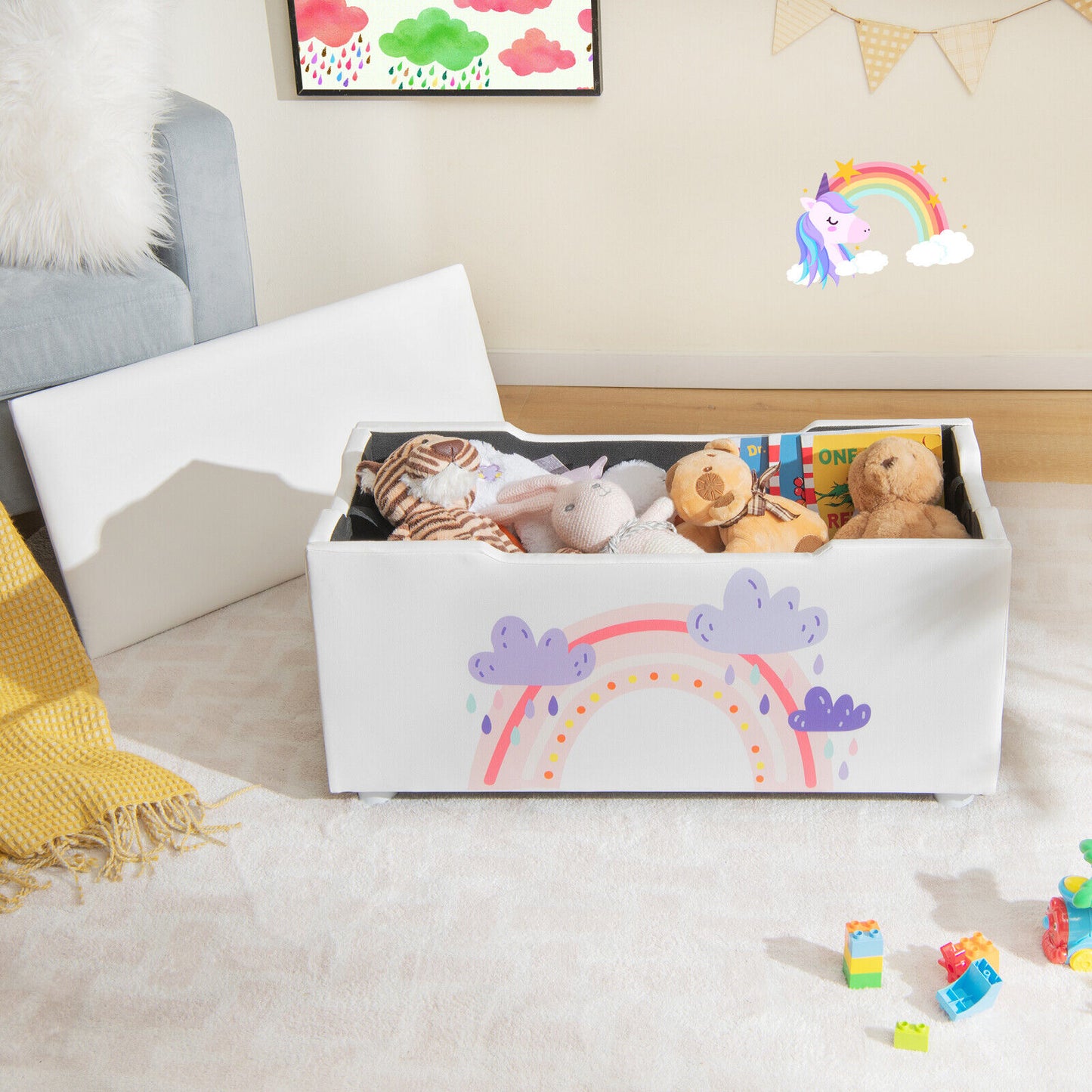 Kids Wooden Upholstered Toy Storage Box with Removable Lid-White Kids Crystal
