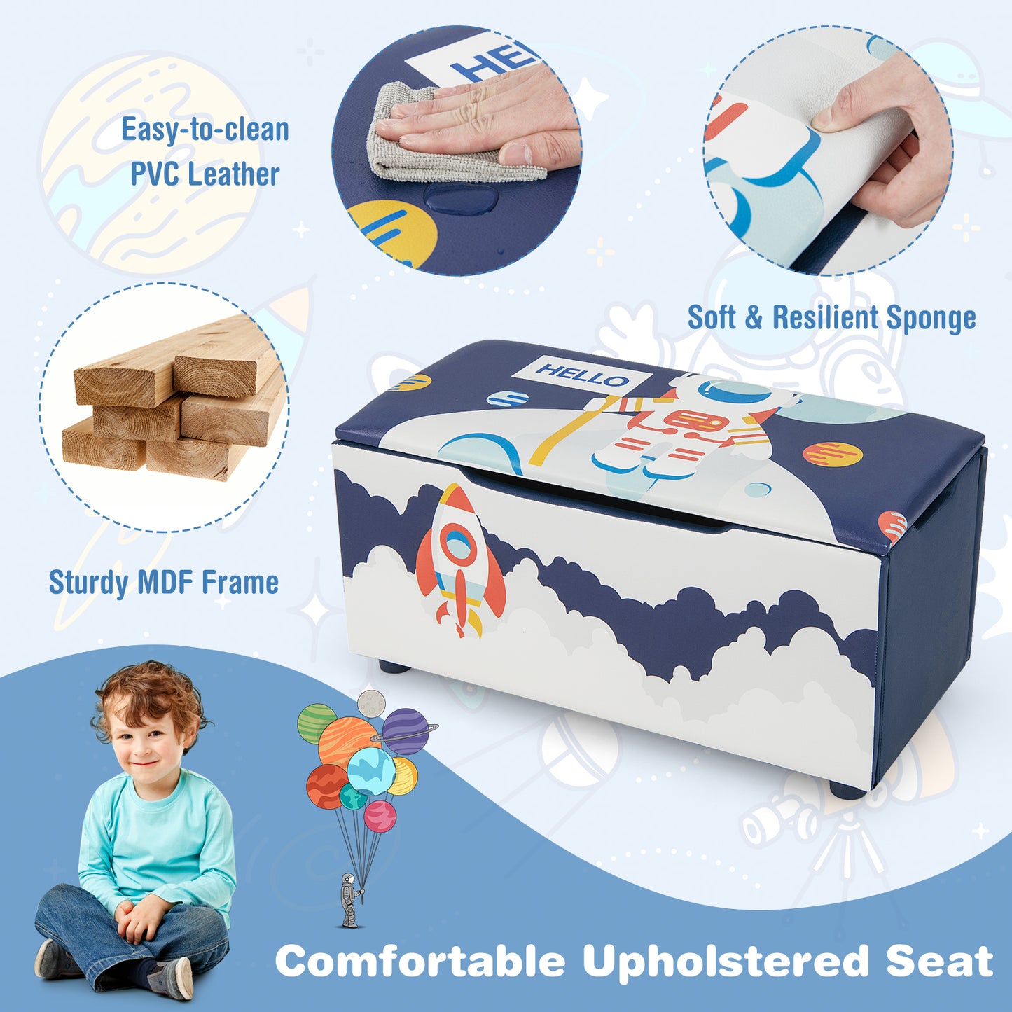 Kids Wooden Upholstered Toy Storage Box with Removable Lid-Blue Kids Crystal