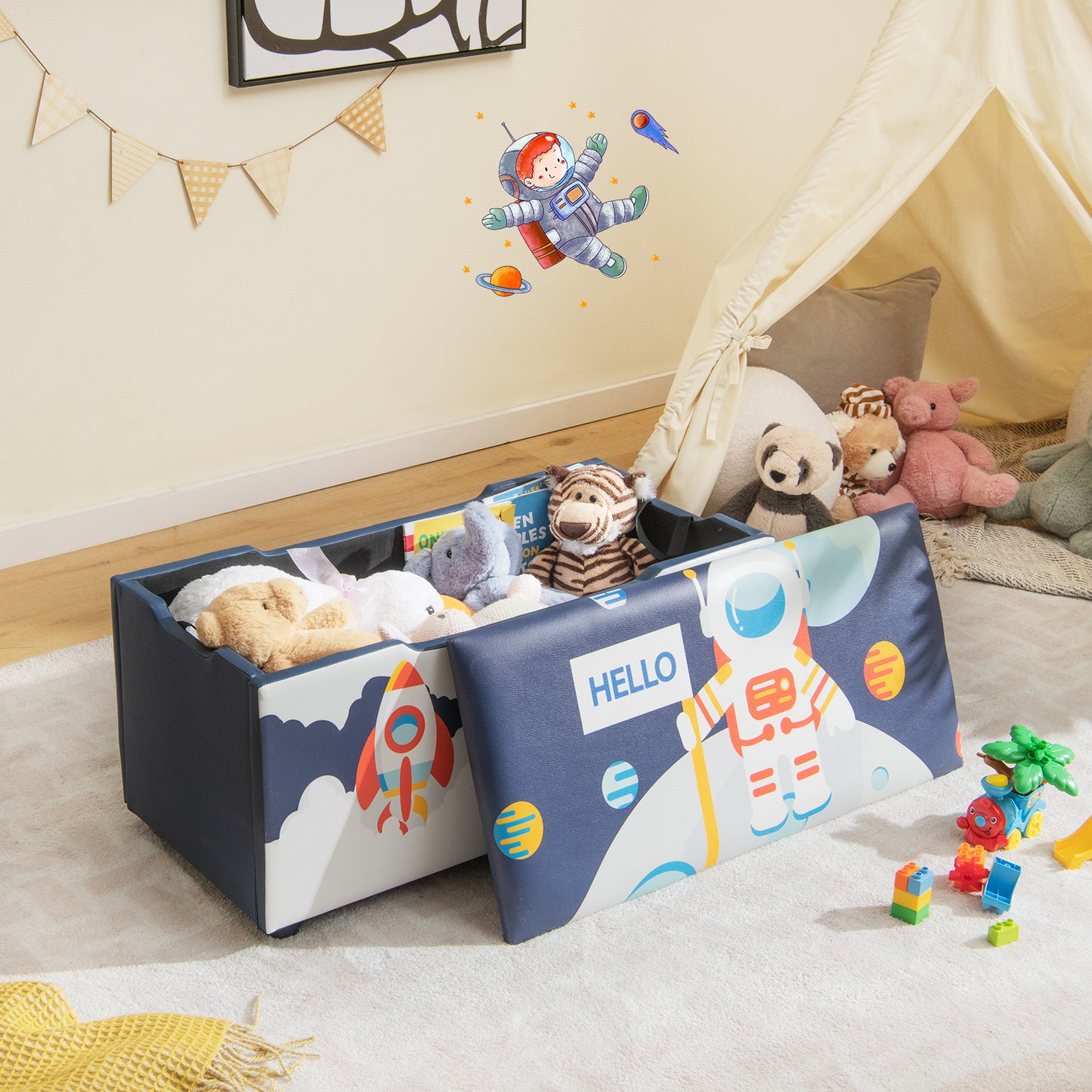 Kids Wooden Upholstered Toy Storage Box with Removable Lid-Blue Kids Crystal