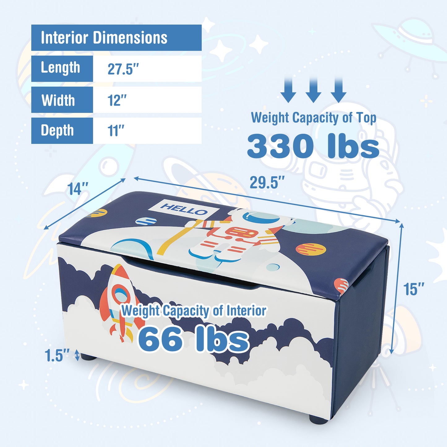 Kids Wooden Upholstered Toy Storage Box with Removable Lid-Blue Kids Crystal