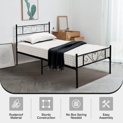 Twin XL Metal Bed Frame with Heart-shaped Headboard-Black