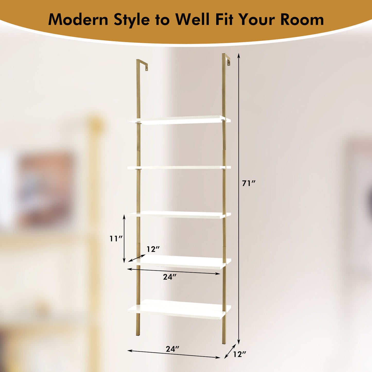 5 Tier Ladder Shelf Wall-Mounted Bookcase with Steel Frame-Golden Kids Crystal
