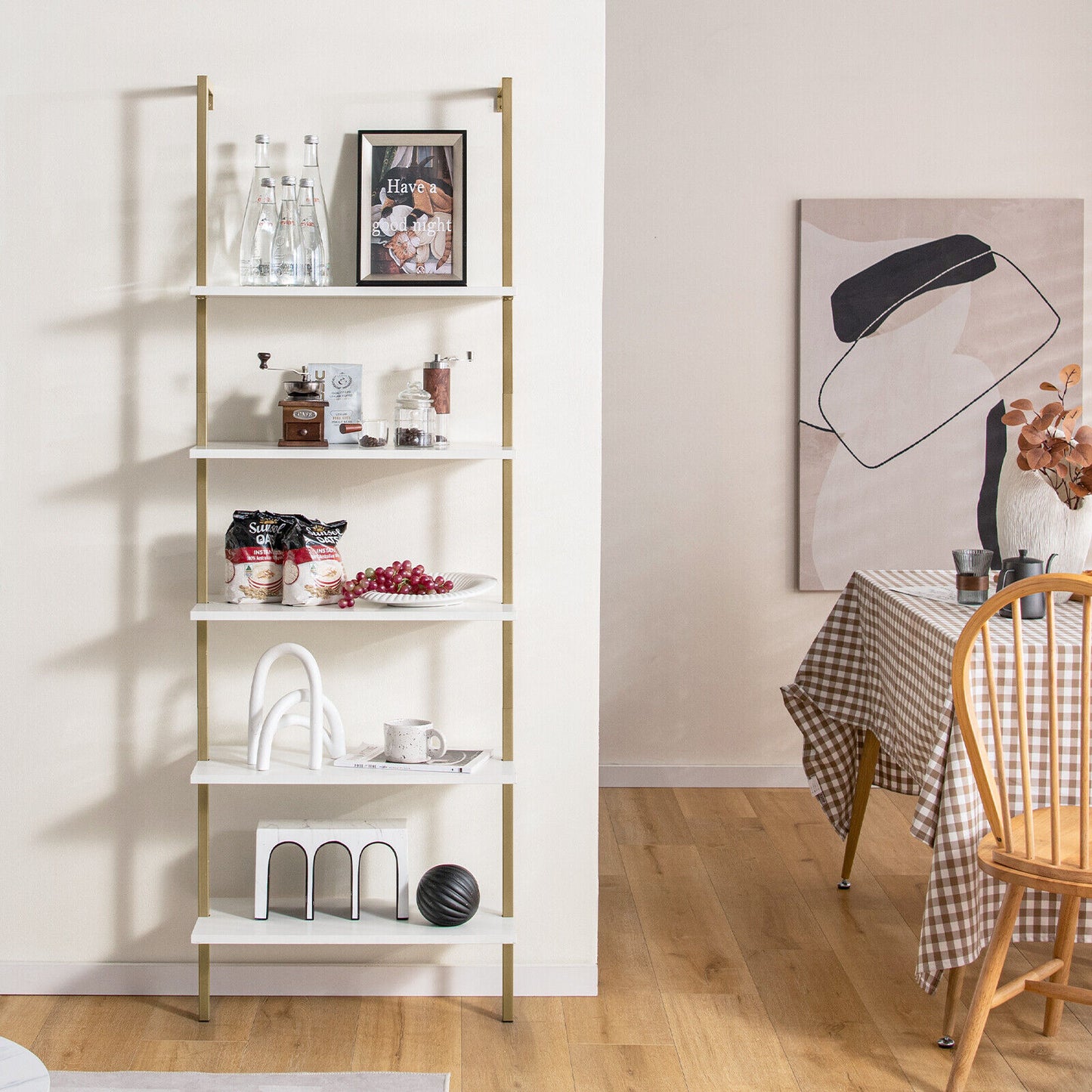 5 Tier Ladder Shelf Wall-Mounted Bookcase with Steel Frame-Golden Kids Crystal