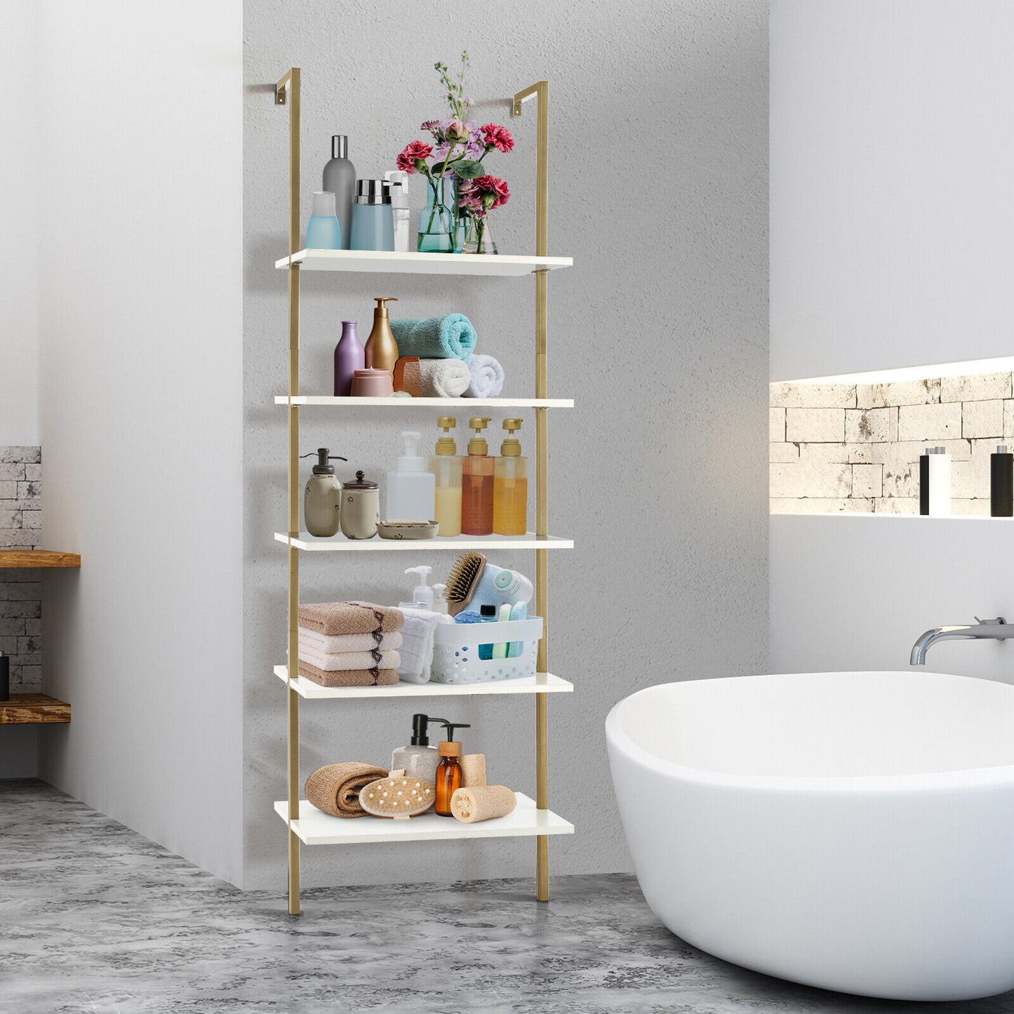 5 Tier Ladder Shelf Wall-Mounted Bookcase with Steel Frame-Golden Kids Crystal