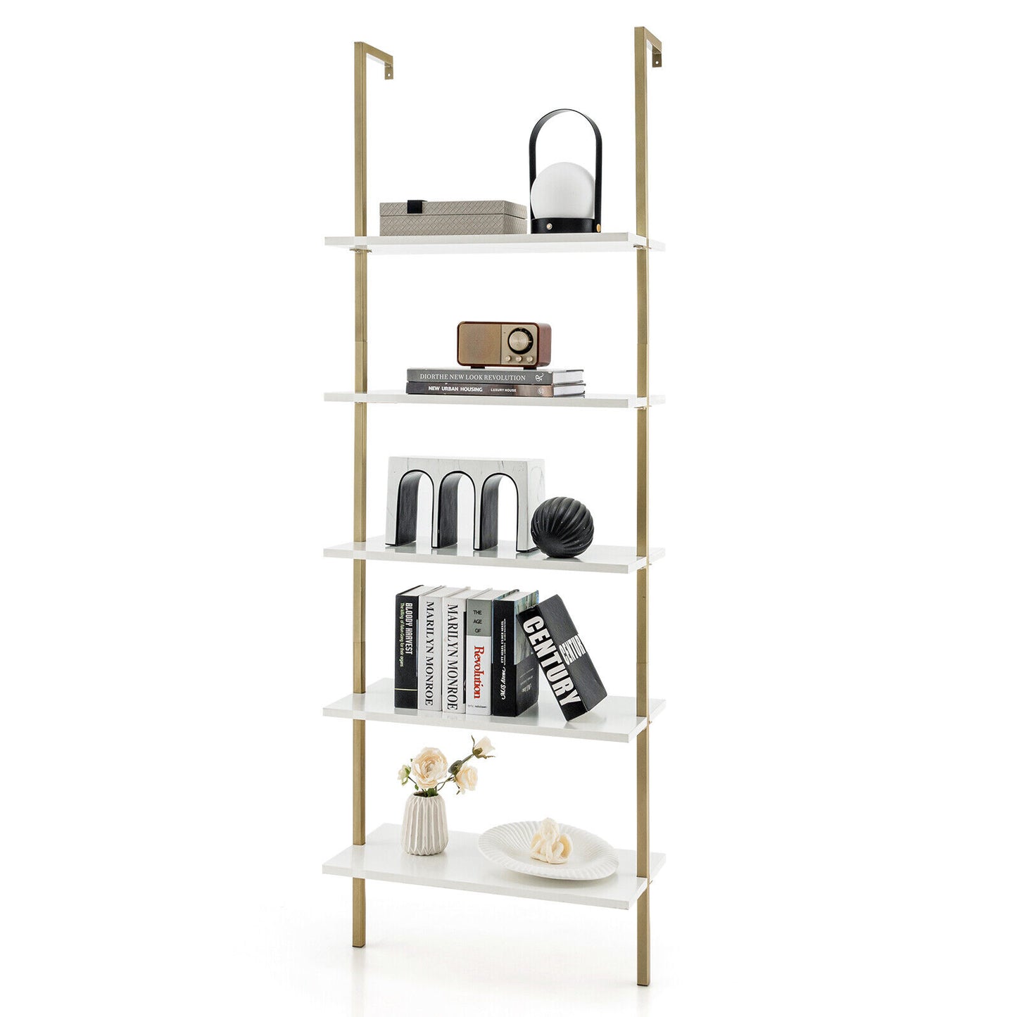5 Tier Ladder Shelf Wall-Mounted Bookcase with Steel Frame-Golden Kids Crystal