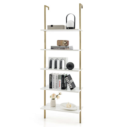 5 Tier Ladder Shelf Wall-Mounted Bookcase with Steel Frame-Golden