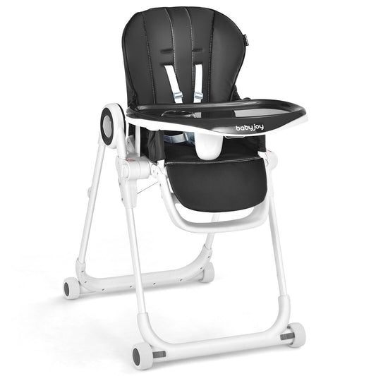 Baby High Chair Foldable Feeding Chair with 4 Lockable Wheels-Black Kids Crystal