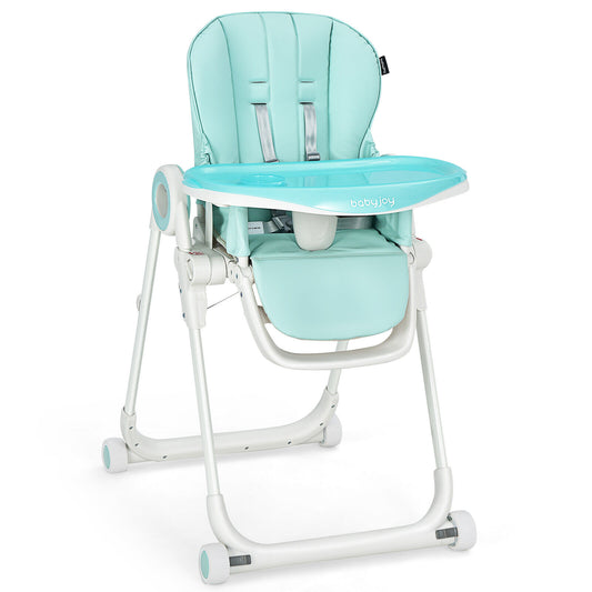 Baby High Chair Foldable Feeding Chair with 4 Lockable Wheels-Green Kids Crystal