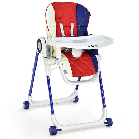 Baby High Chair Foldable Feeding Chair with 4 Lockable Wheels-Red Kids Crystal