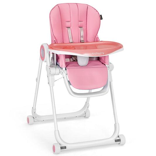 Baby High Chair Foldable Feeding Chair with 4 Lockable Wheels-Pink Kids Crystal