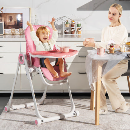Baby High Chair Foldable Feeding Chair with 4 Lockable Wheels-Pink