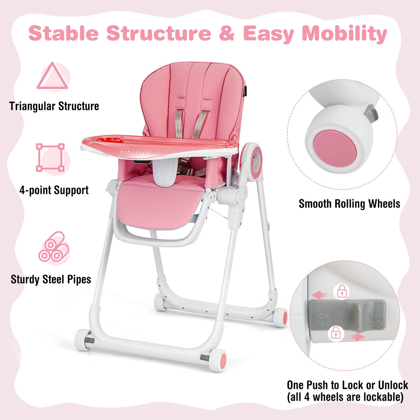 Baby High Chair Foldable Feeding Chair with 4 Lockable Wheels-Pink Kids Crystal