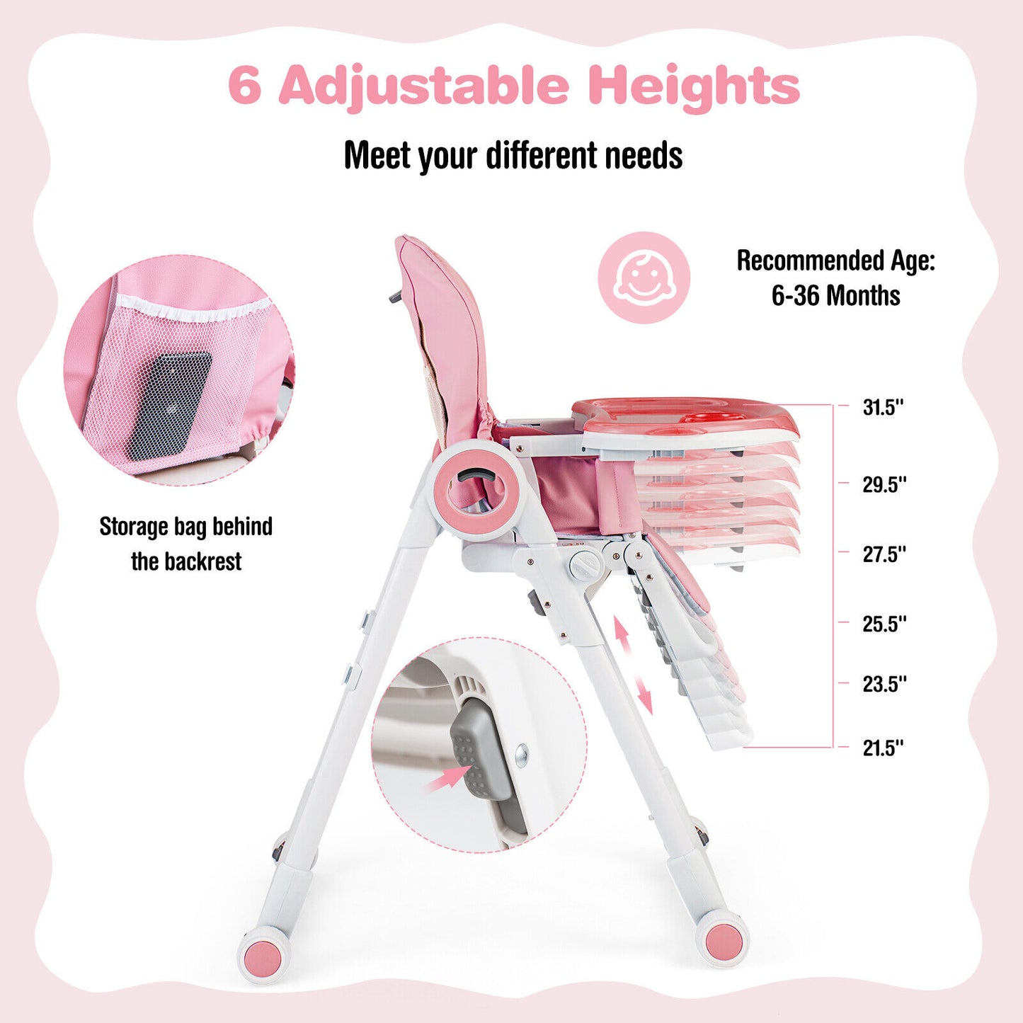 Baby High Chair Foldable Feeding Chair with 4 Lockable Wheels-Pink Kids Crystal